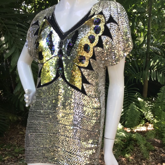 Vintage 80s butterfly sequins silk top - Picture 9 of 12